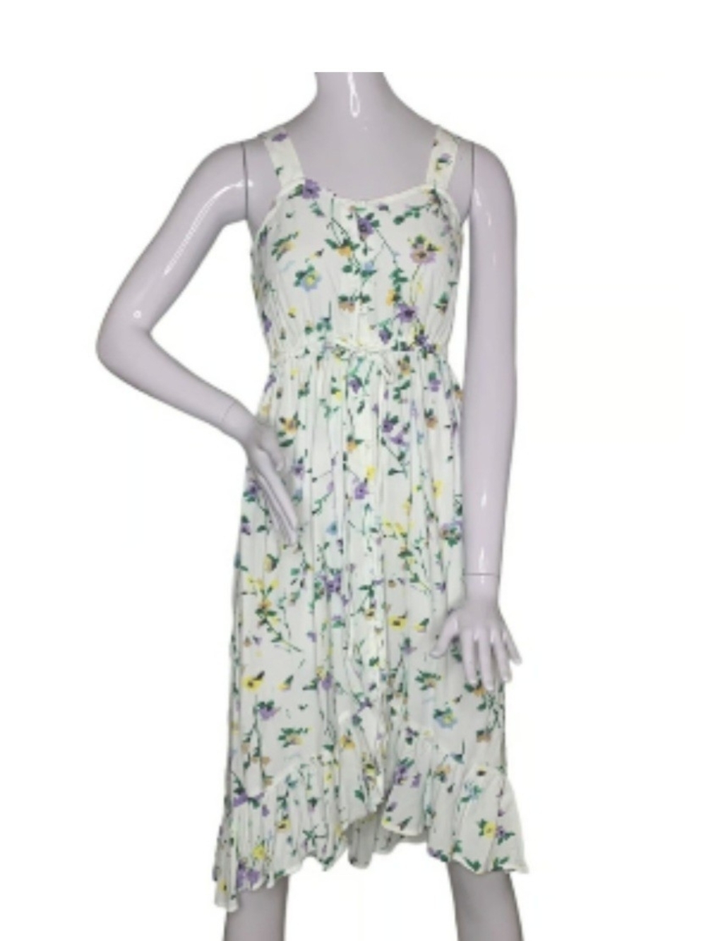LOFT White Floral Button-Front Dress with Purple and Yellow Blooms - Picture 7 of 7